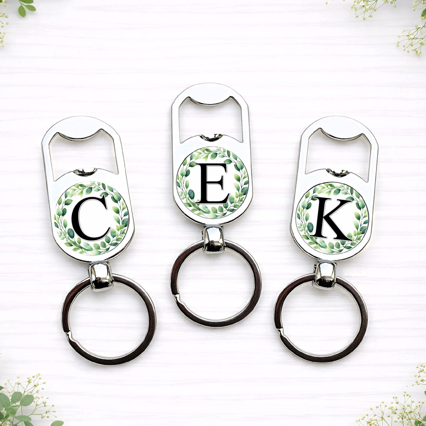Personalised Eucalyptus Initial Bottle Opener Keyring • Botanical Wedding Favour Gift