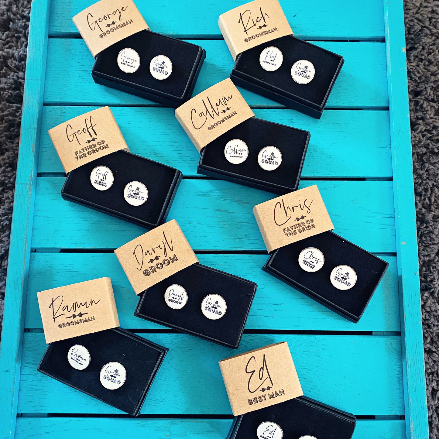 Groom Squad cufflinks worn by groomsman on wedding day