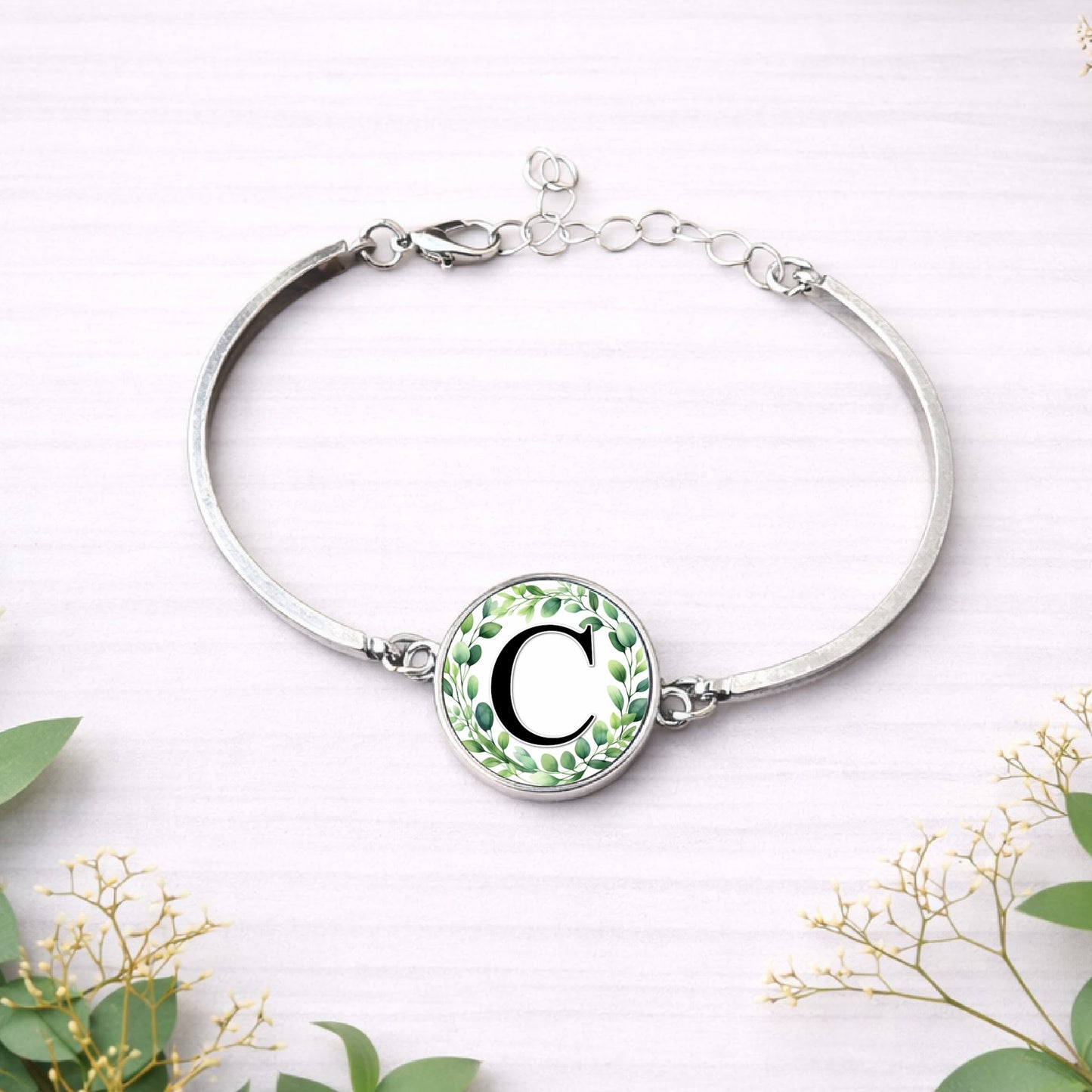 Personalised Eucalyptus Initial Bracelet – Bridal Party Gift – Custom Wedding Jewellery