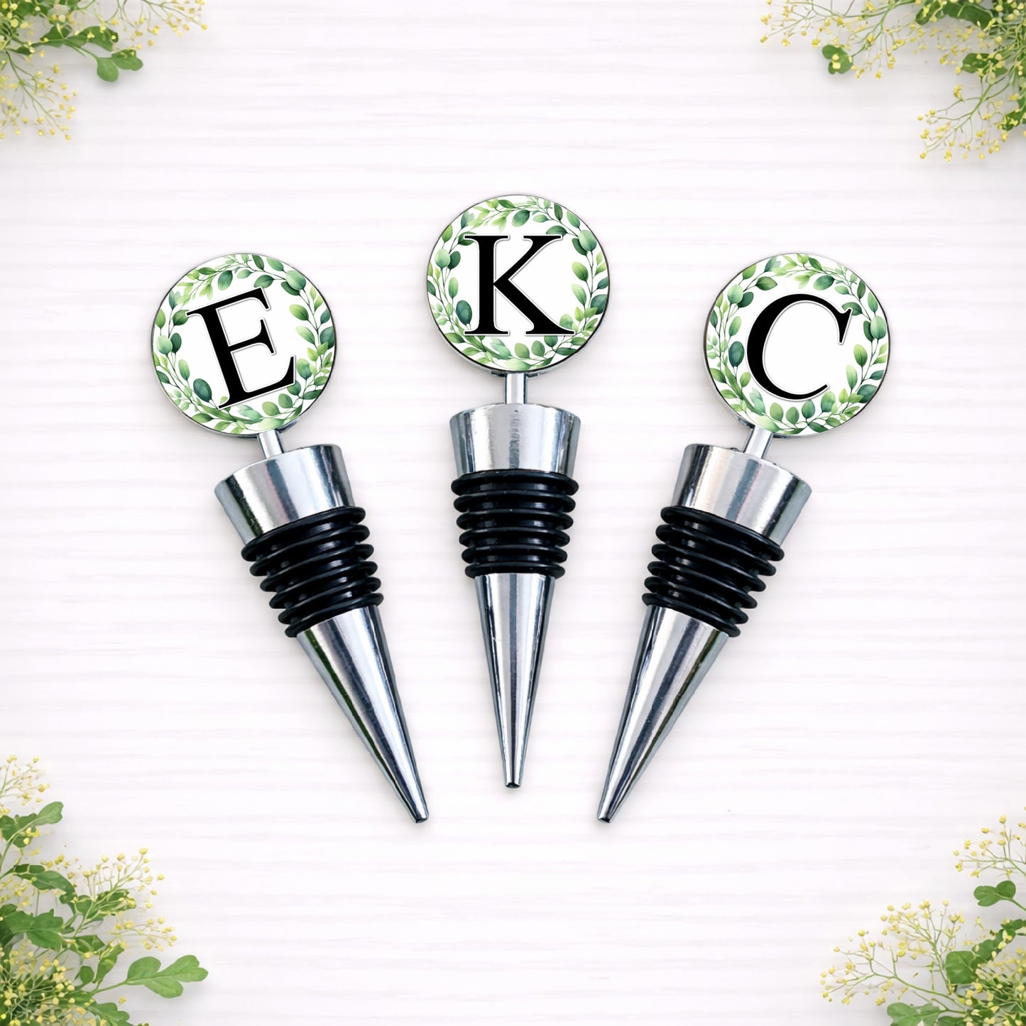 Personalised eucalyptus initial bottle stopper wedding gift favour