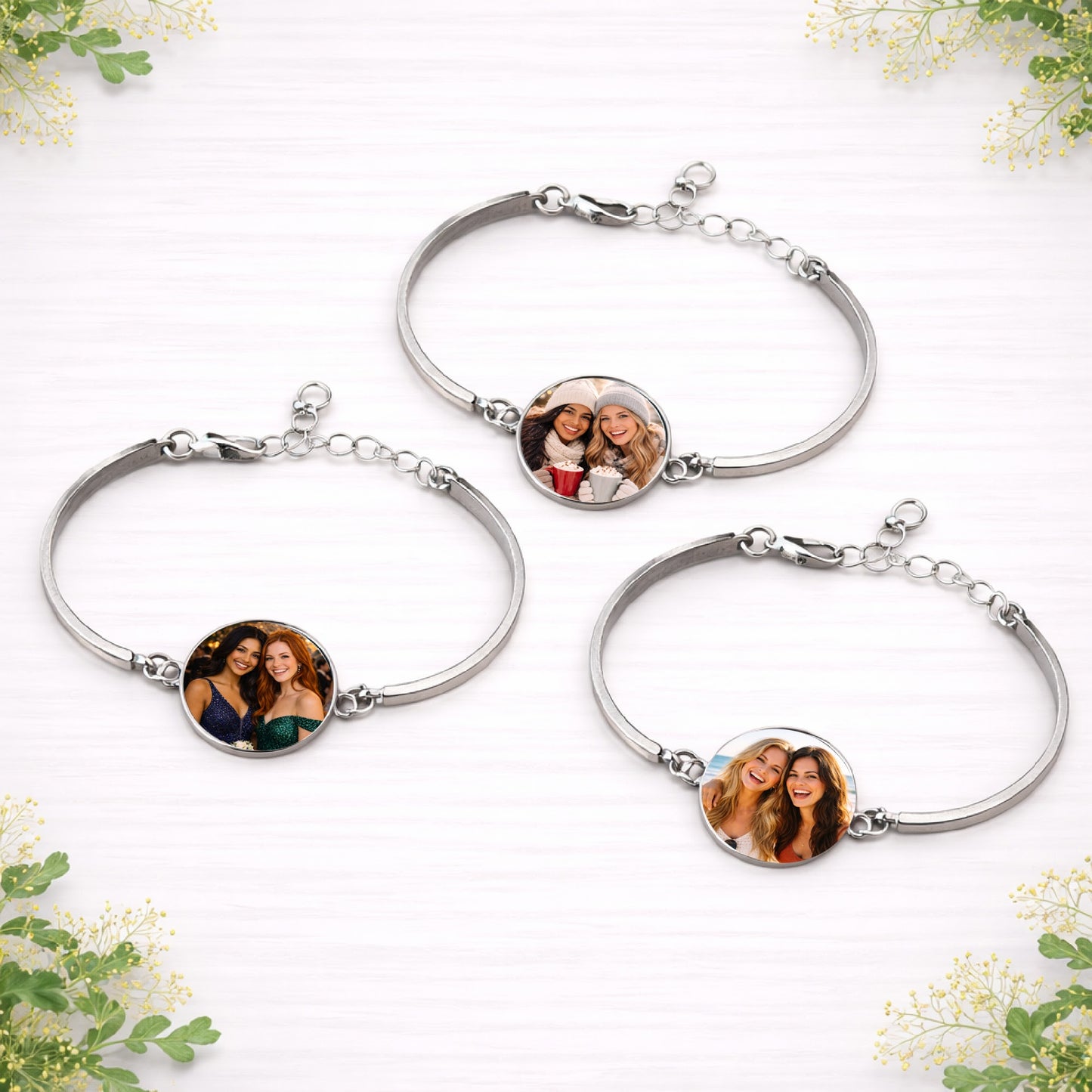 Personalised photo bracelets with custom images of friends displayed in circular charms on silver adjustable bracelets.