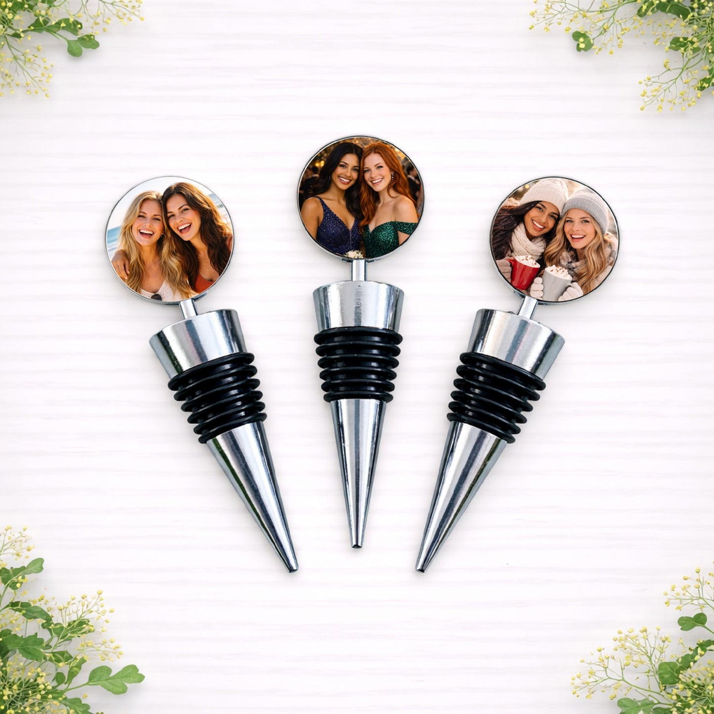 Personalised photo bottle stoppers with custom images for bridal party wedding gifts