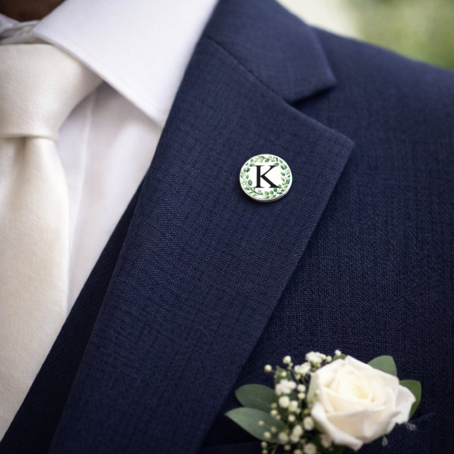 Personalised Eucalyptus Initial Lapel Pin – Custom Botanical Wedding Buttonhole Pin – Groomsmen Suit Accessory 18mm or 25mm