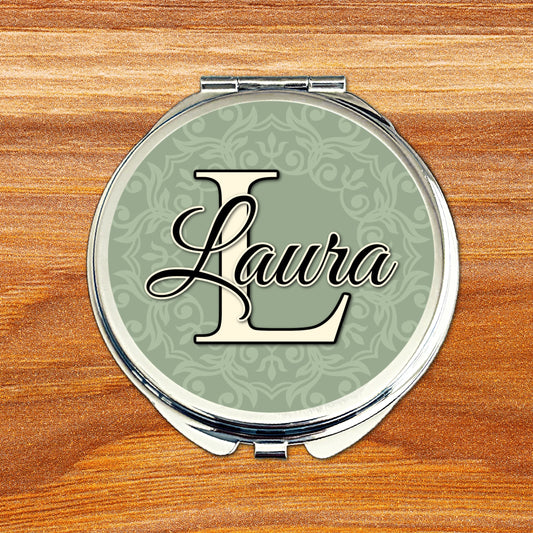 Green Wedding Colour Monogram Compact Mirror – Sage & Eucalyptus Bridesmaid Gift