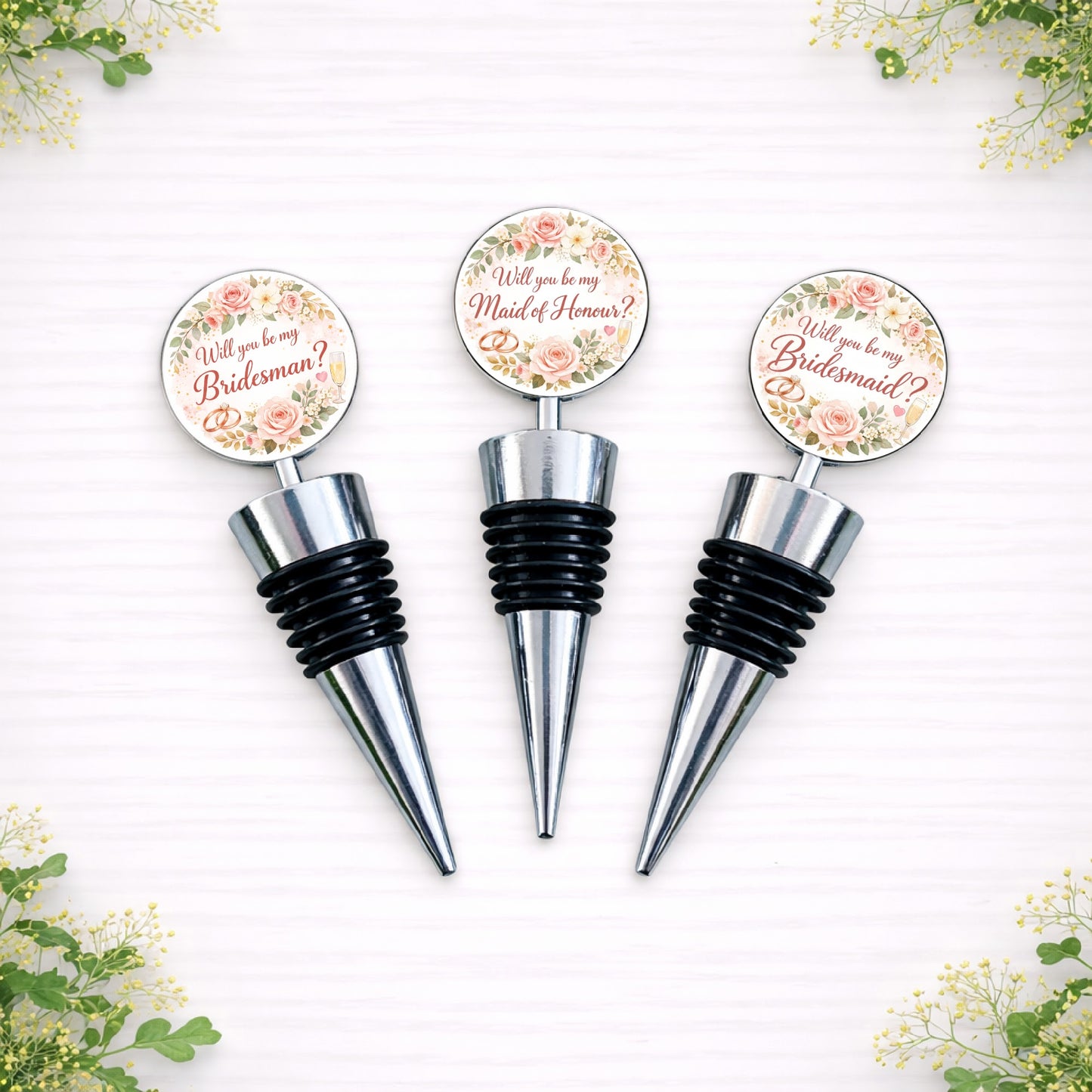 Will You Be My Bridesmaid and Maid of Honour floral proposal bottle stoppers in polished silver with romantic blush rose design