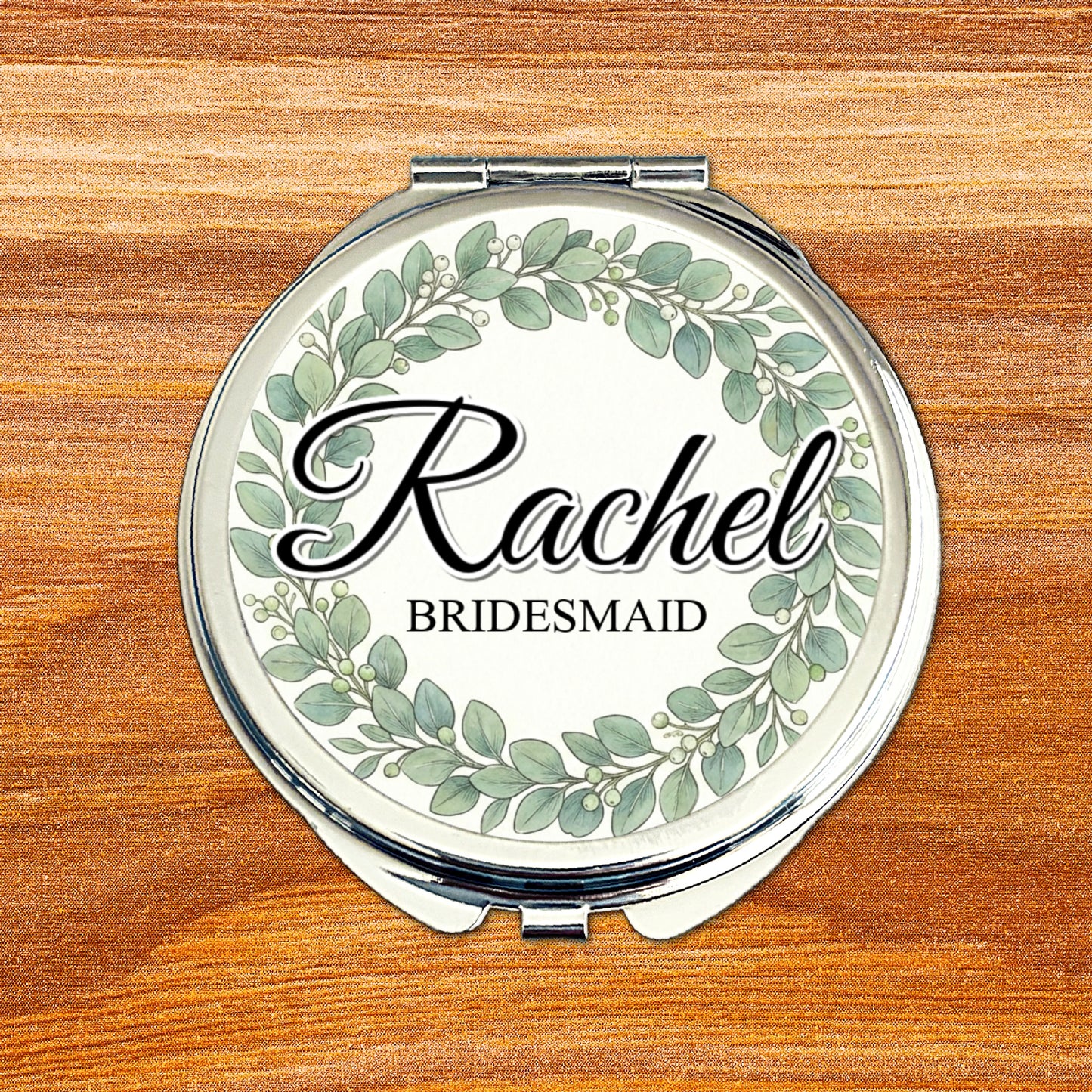 Personalised bridesmaid compact mirror with eucalyptus wreath wedding design