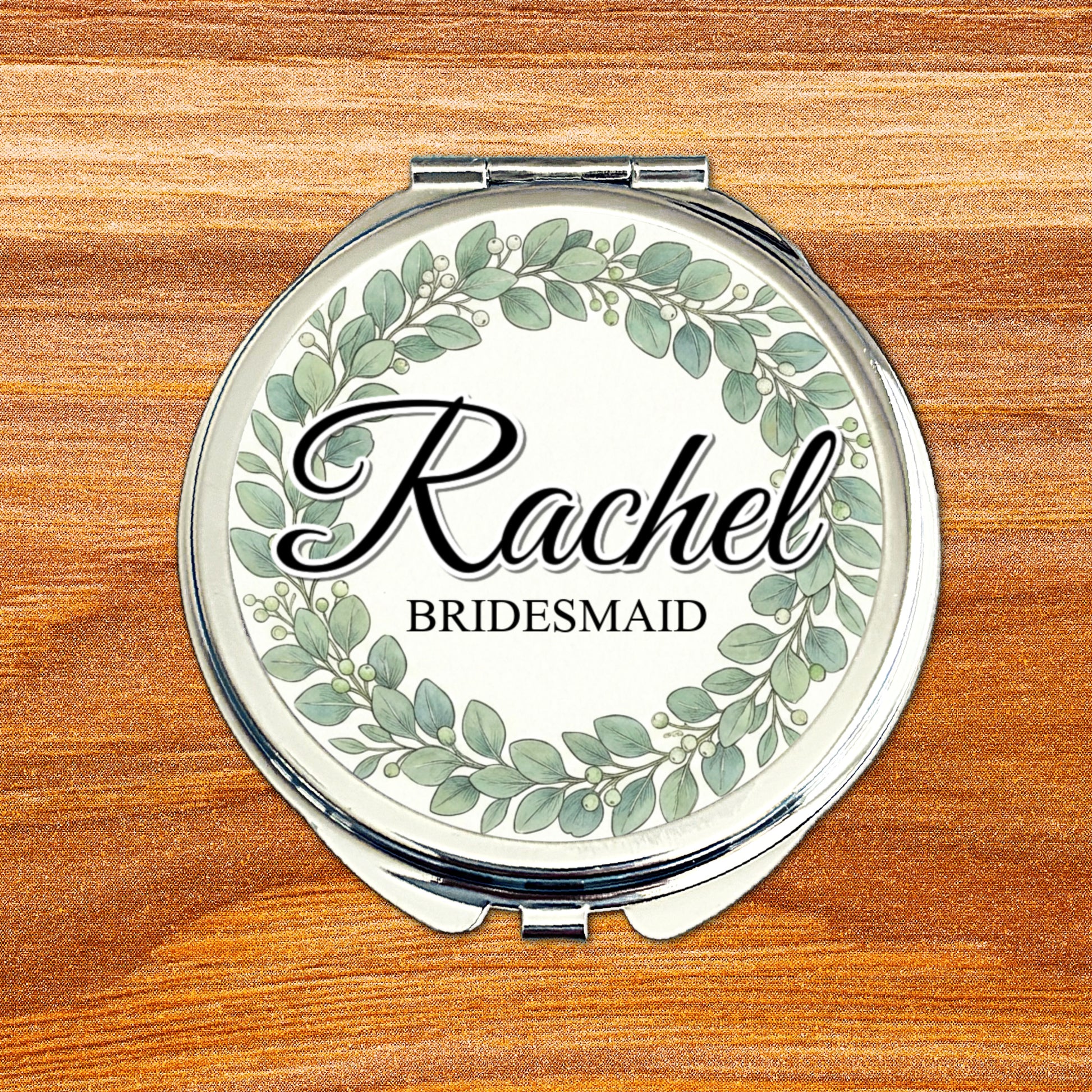 Personalised bridesmaid compact mirror with eucalyptus wreath wedding design