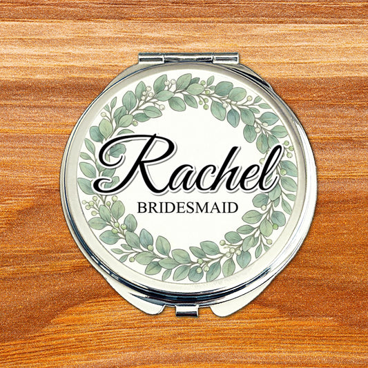 Personalised bridesmaid compact mirror with eucalyptus wreath wedding design