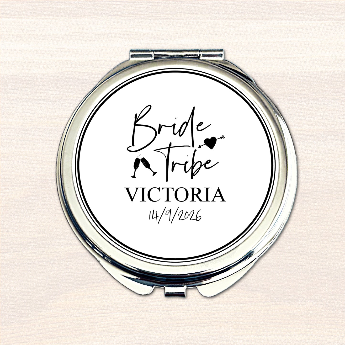 Personalised Bride Tribe compact mirror with name and wedding date