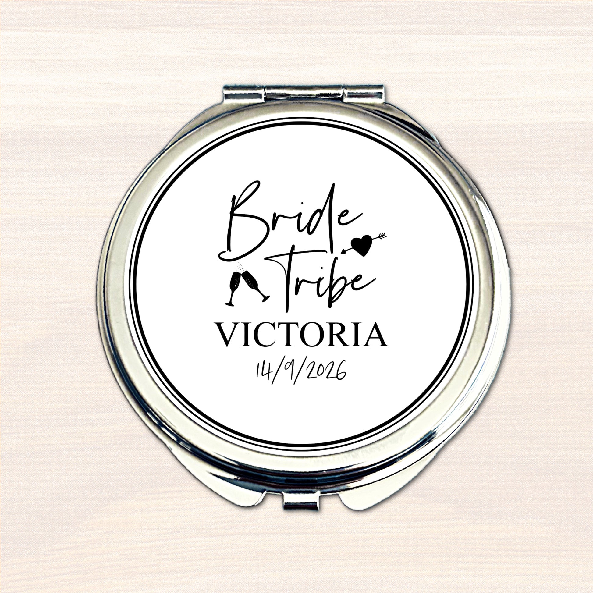 Personalised Bride Tribe compact mirror with name and wedding date