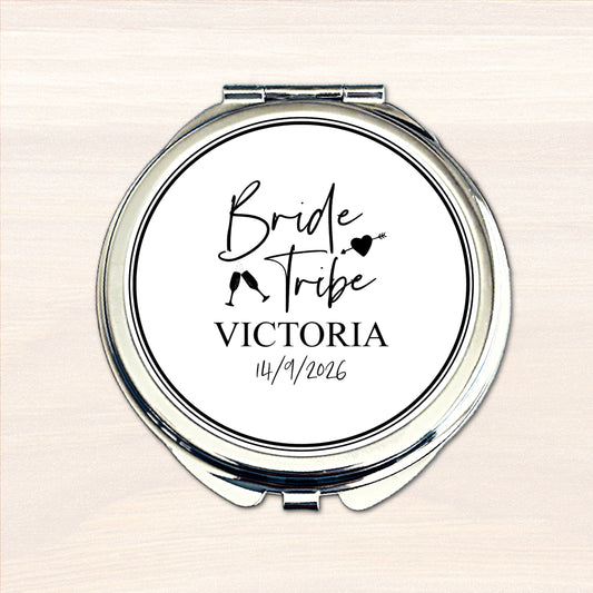 Personalised Bride Tribe compact mirror with name and wedding date
