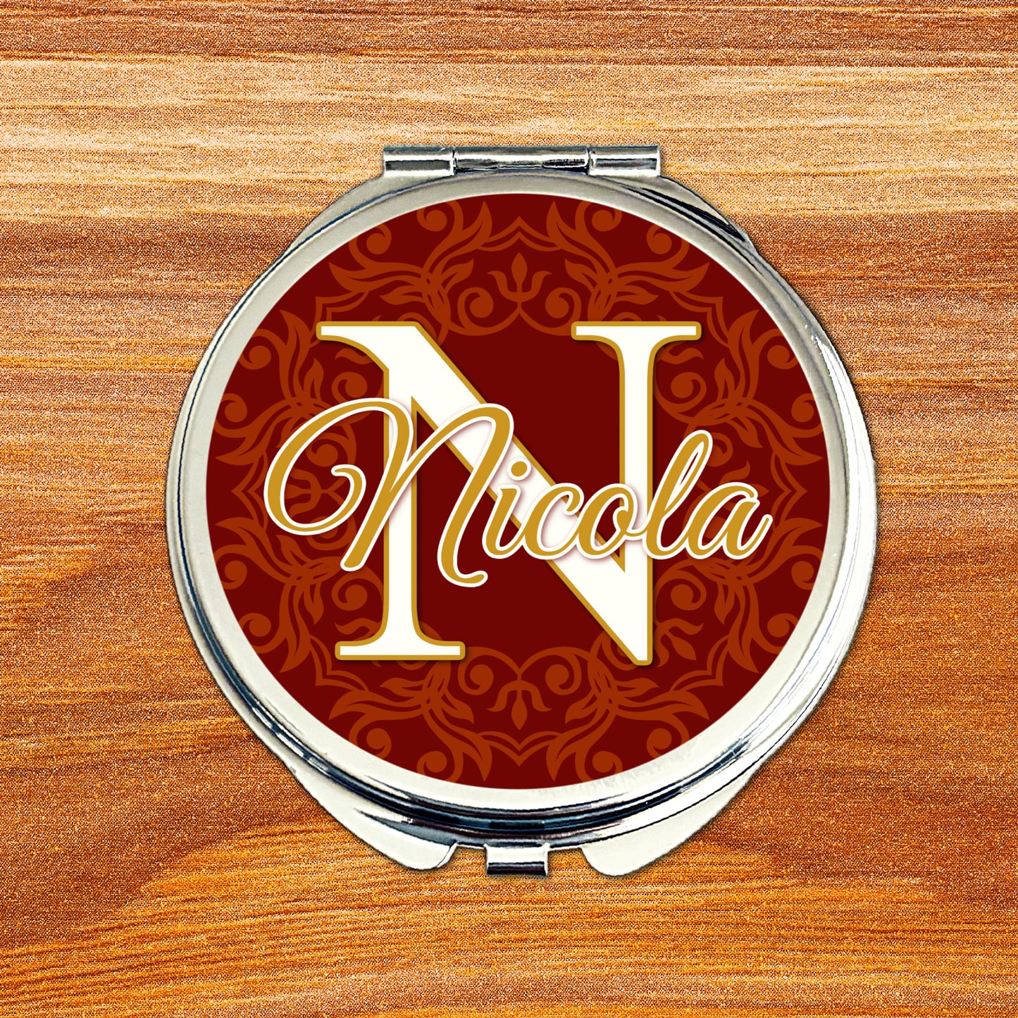 Red and burgundy monogram compact mirror personalised for wedding party keepsake