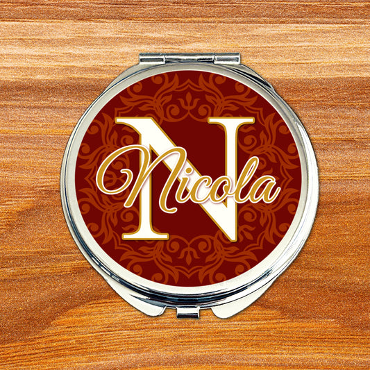 Red and burgundy monogram compact mirror personalised for wedding party keepsake