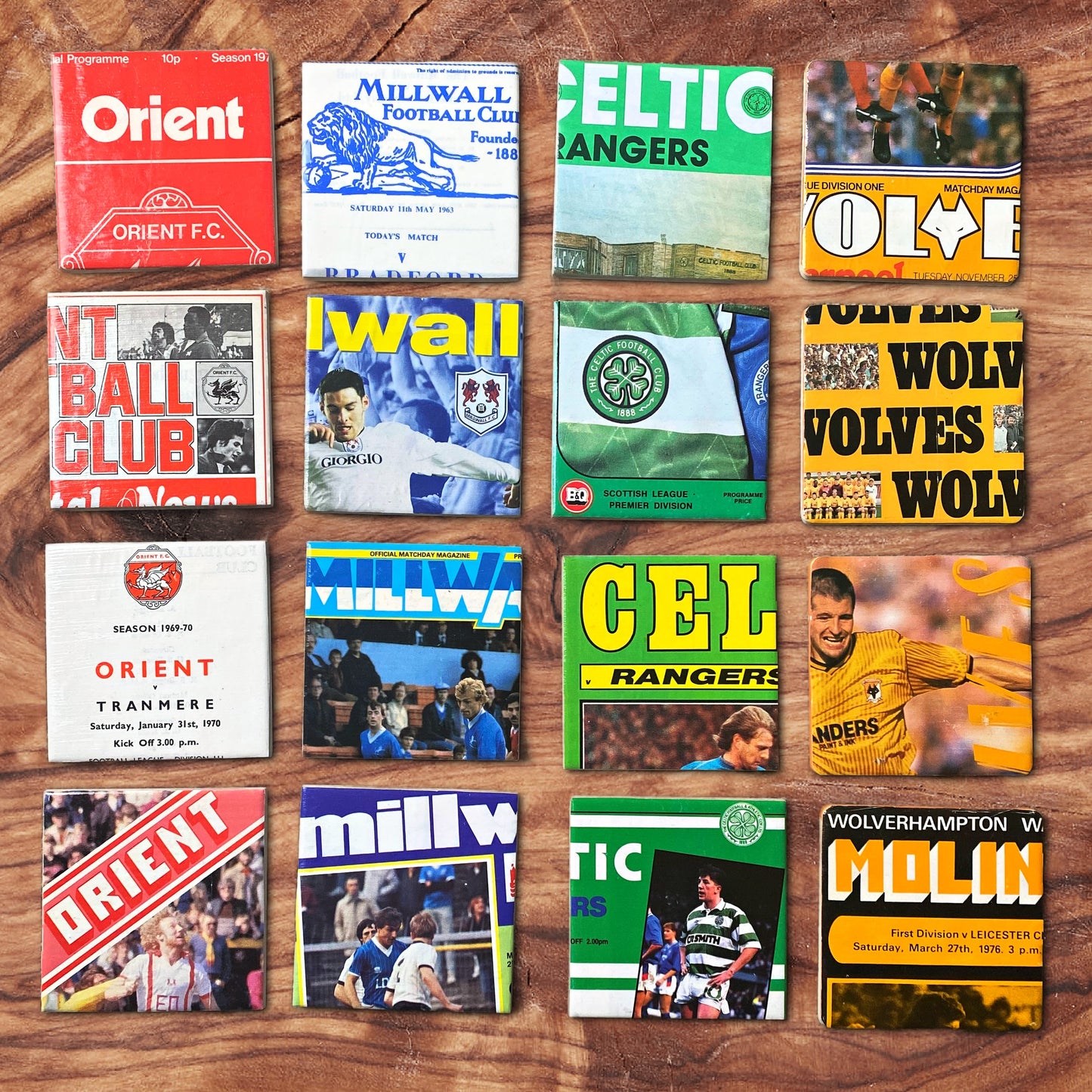 Set of four vintage football programme ceramic tile coasters made from authentic UK matchday programmes, customisable by team and sealed with a splashproof finish.
