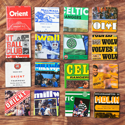 Set of four vintage football programme ceramic tile coasters made from authentic UK matchday programmes, customisable by team and sealed with a splashproof finish.
