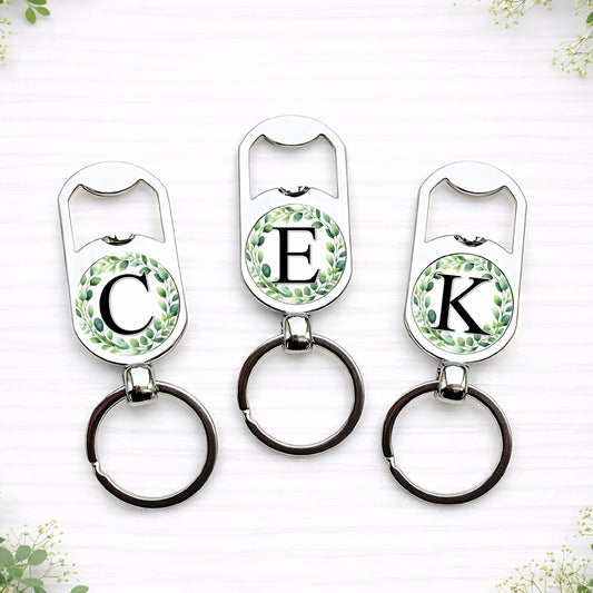 Personalised Eucalyptus Initial Bottle Opener Keyring • Botanical Wedding Favour Gift