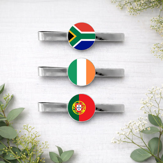 Personalised flag tie clips with national and pride flag designs for weddings