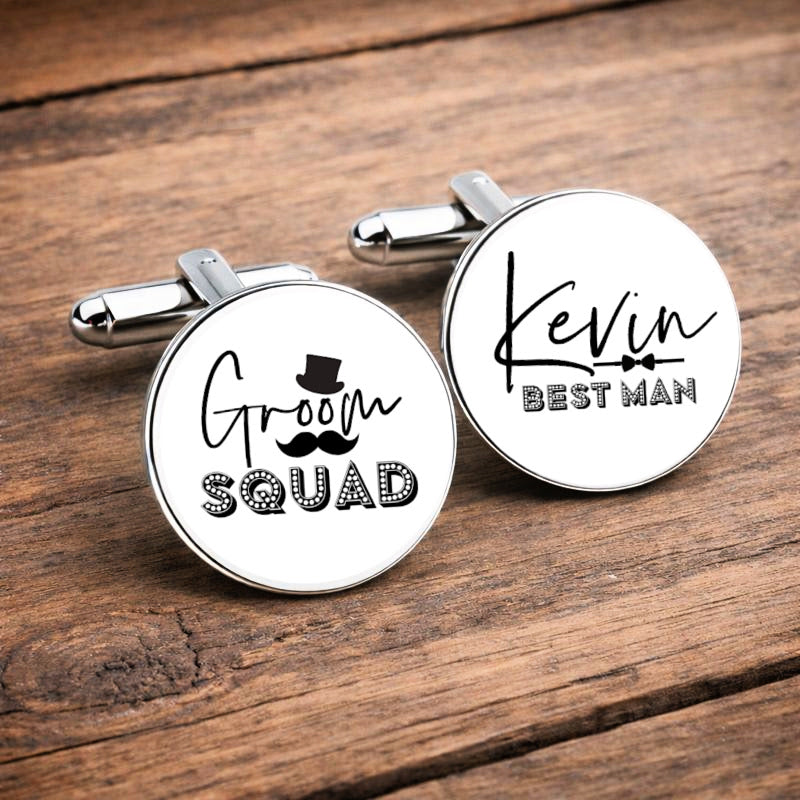Personalised Groom Squad Best Man cufflinks with name and wedding role, monochrome wedding party gift