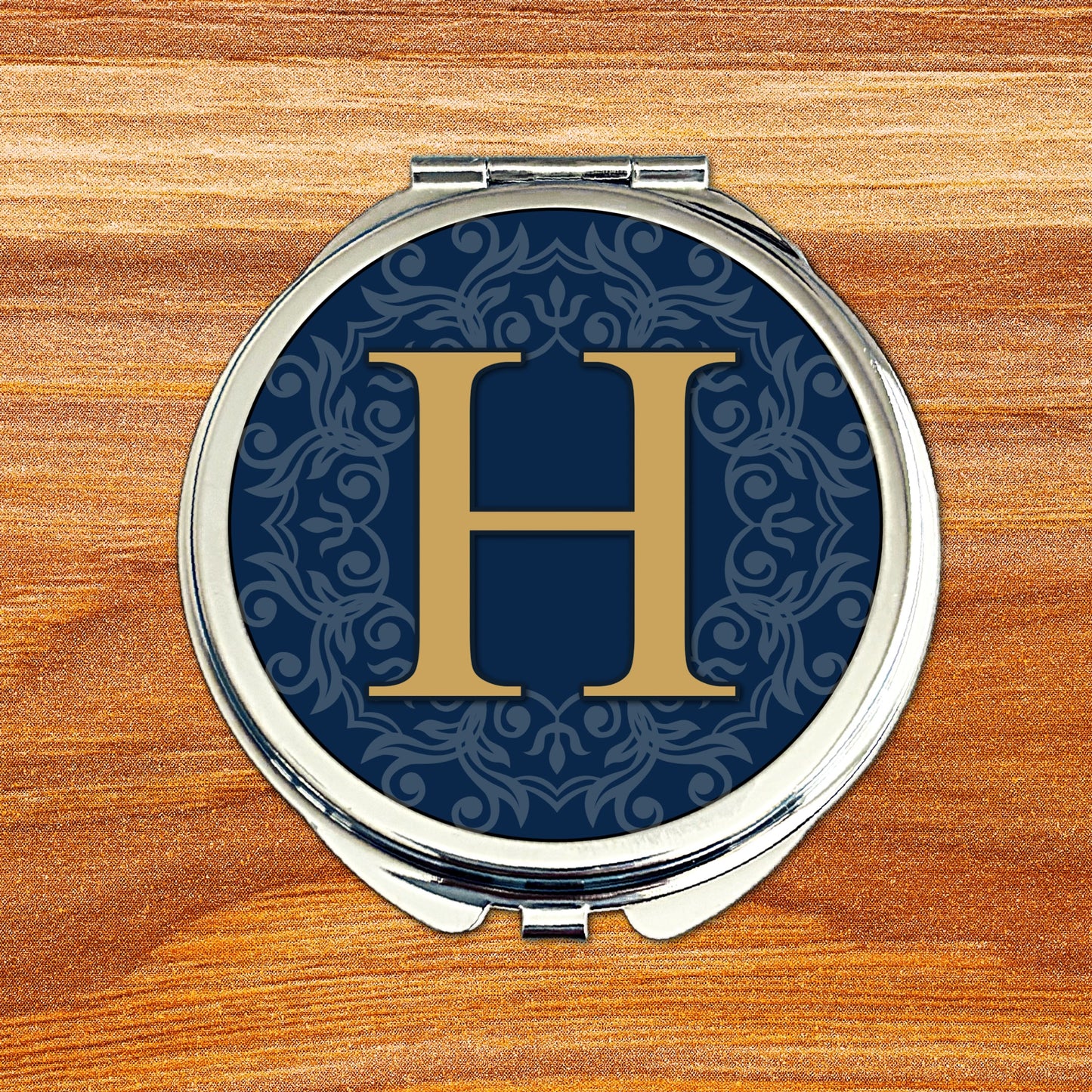 Personalised blue wedding compact mirror with navy monogram initials on silver metal case