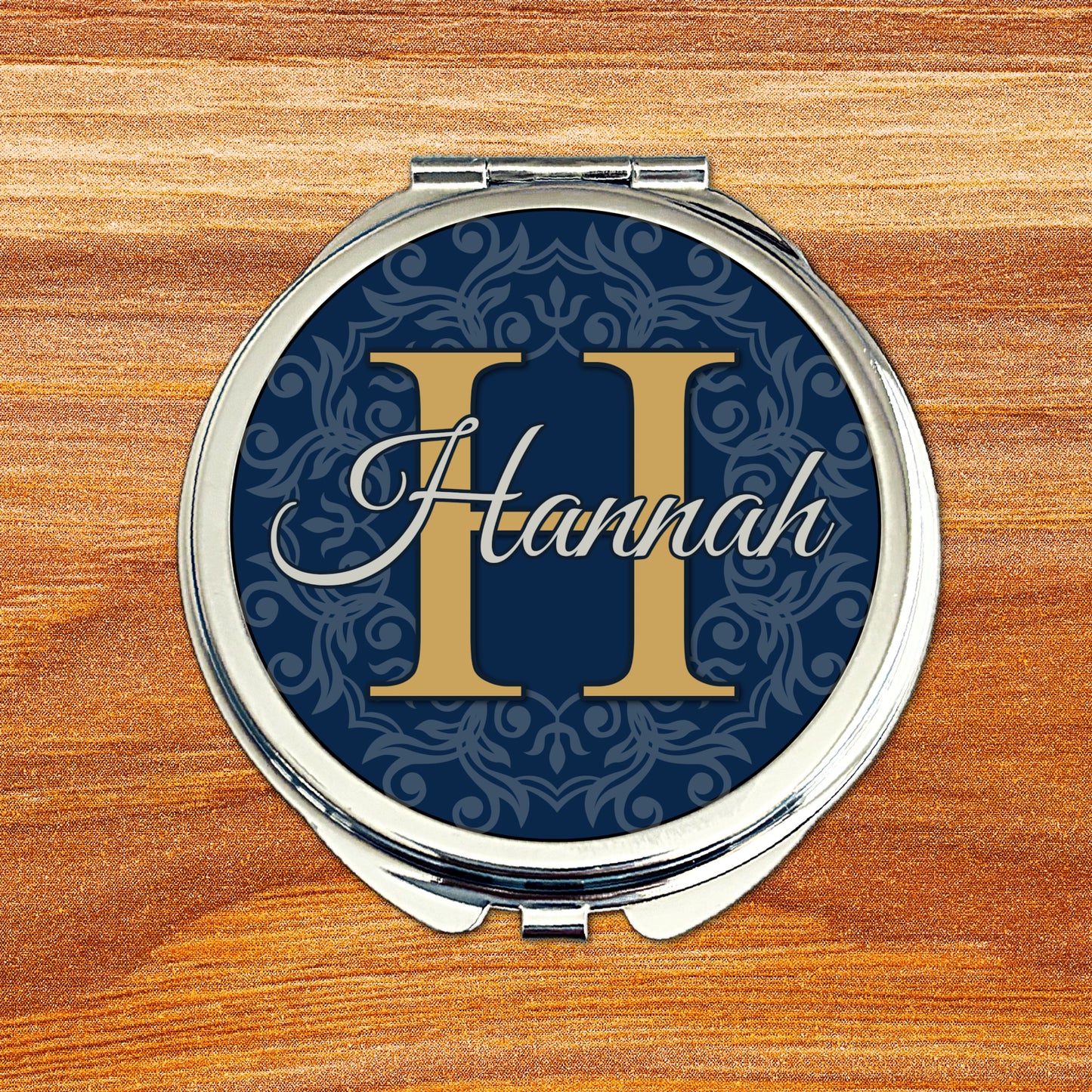 Navy blue monogram compact mirror personalised for bridesmaids wedding gift