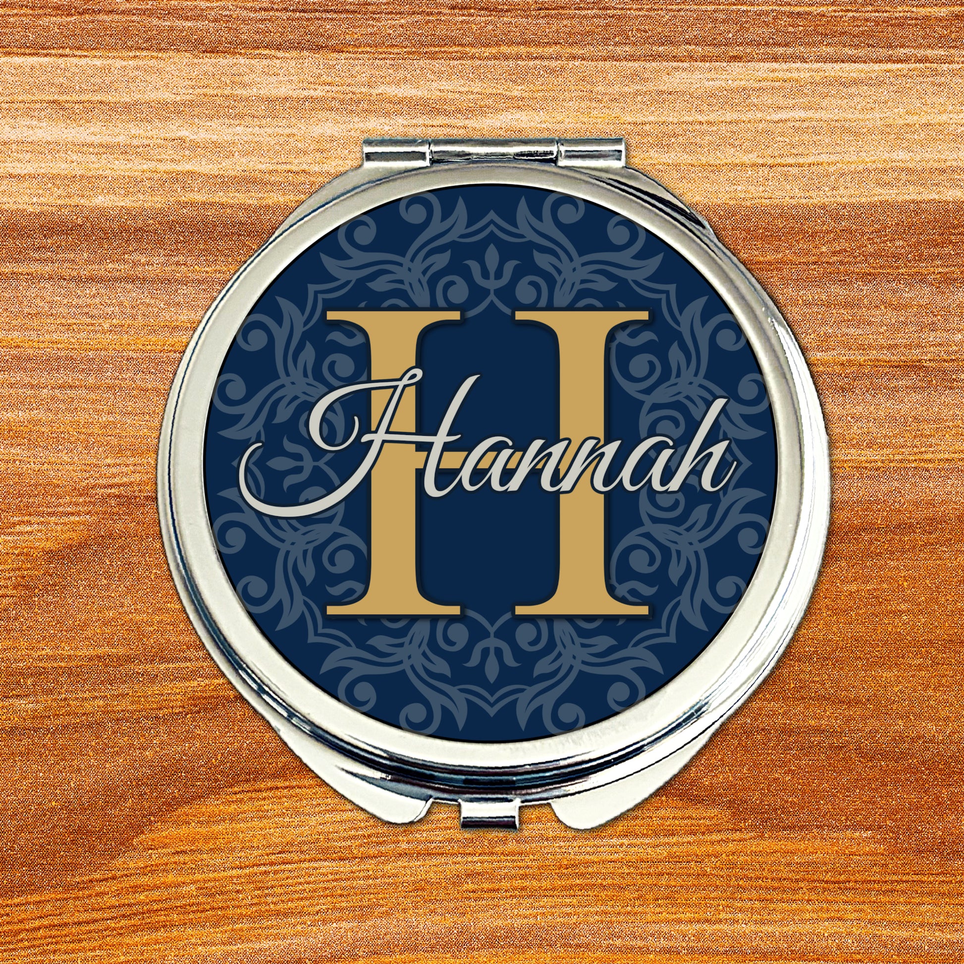 Navy blue monogram compact mirror personalised for bridesmaids wedding gift
