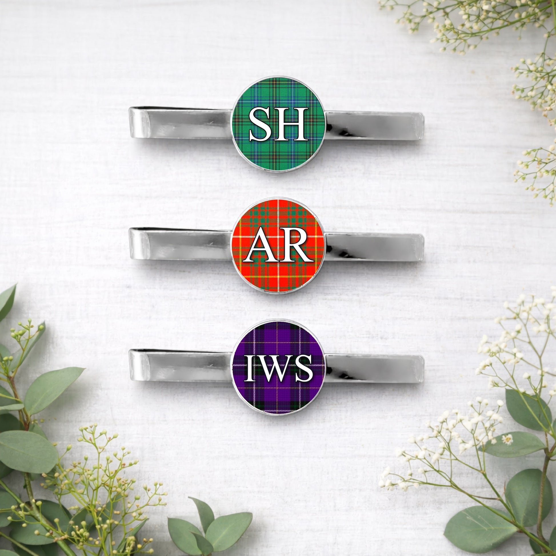 Personalised tartan tie bars with Scottish clan designs, custom made wedding accessories