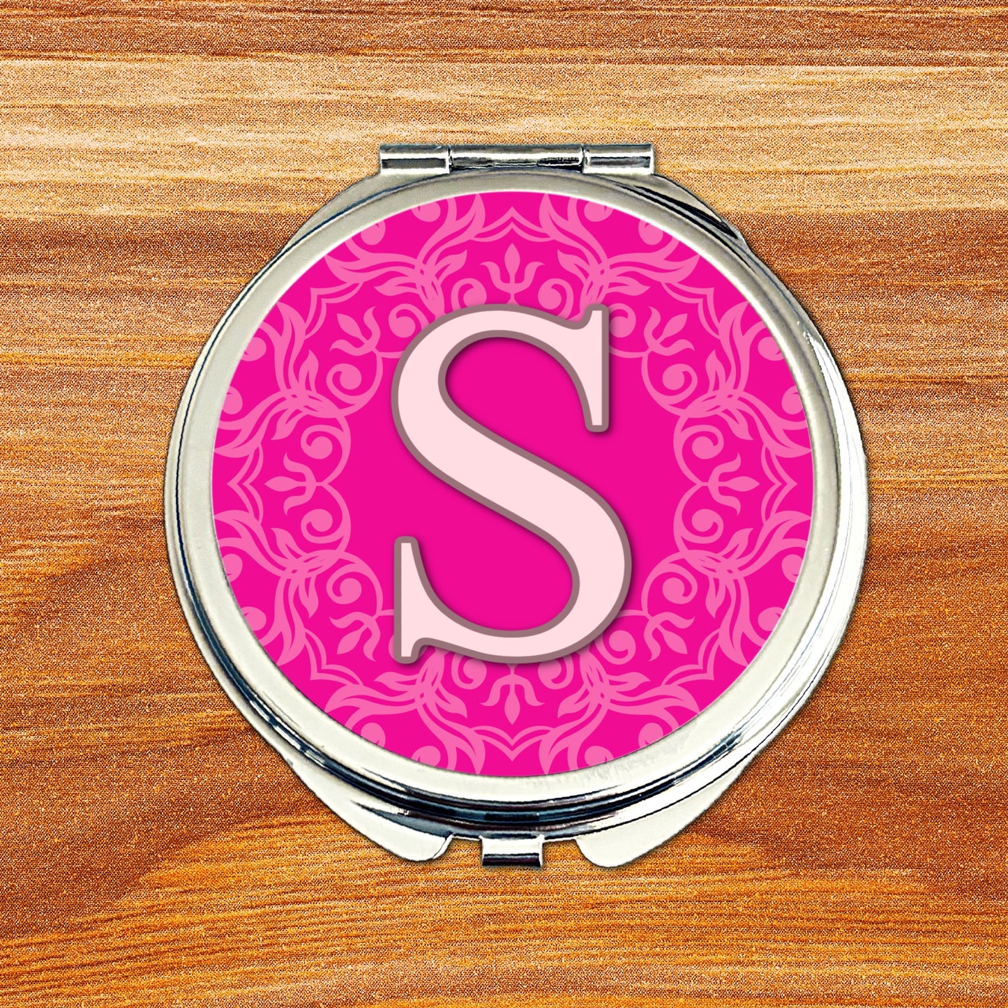 Pink wedding monogram compact mirror with personalised initial and ornamental design
