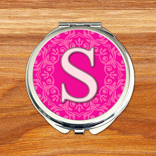 Pink wedding monogram compact mirror with personalised initial and ornamental design