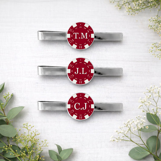 Personalised poker chip tie bars with custom initials in red casino style design