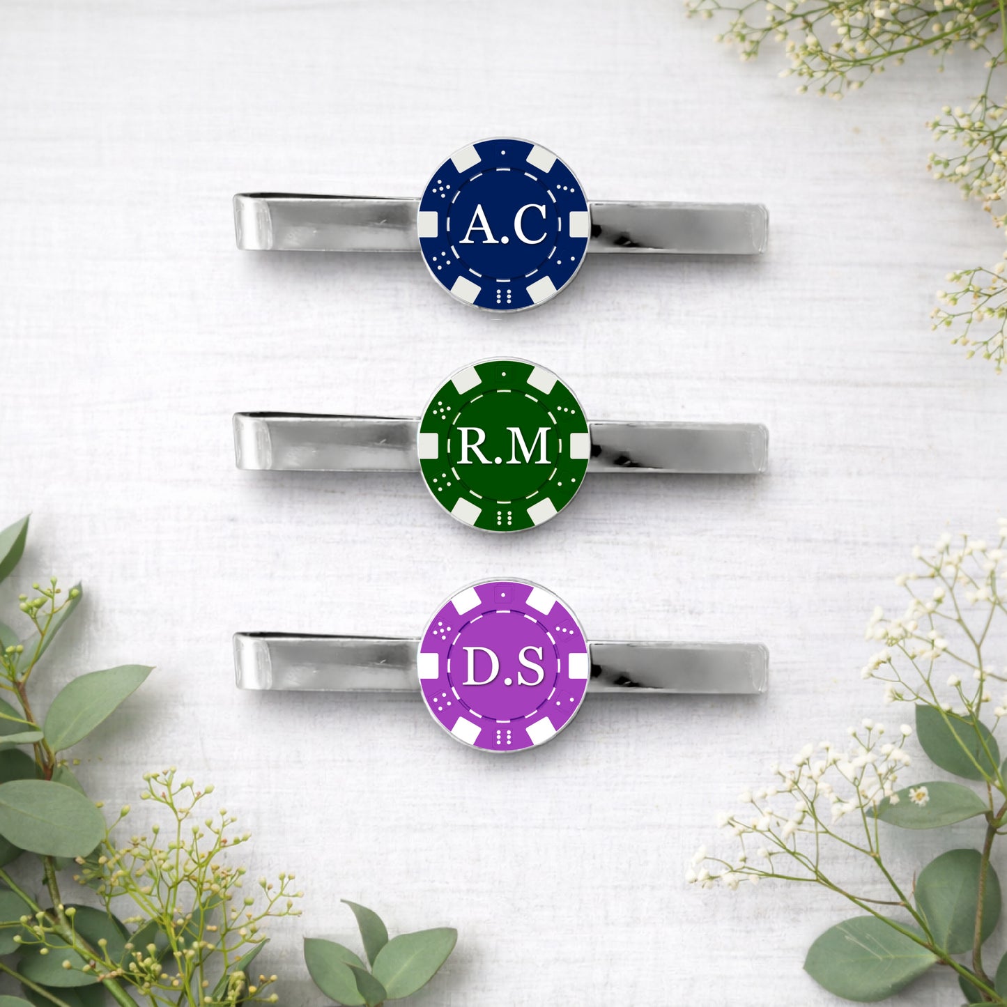 Personalised Poker Chip Tie Bar • Custom Initials Tie Clip • Casino Wedding Groomsmen Gift