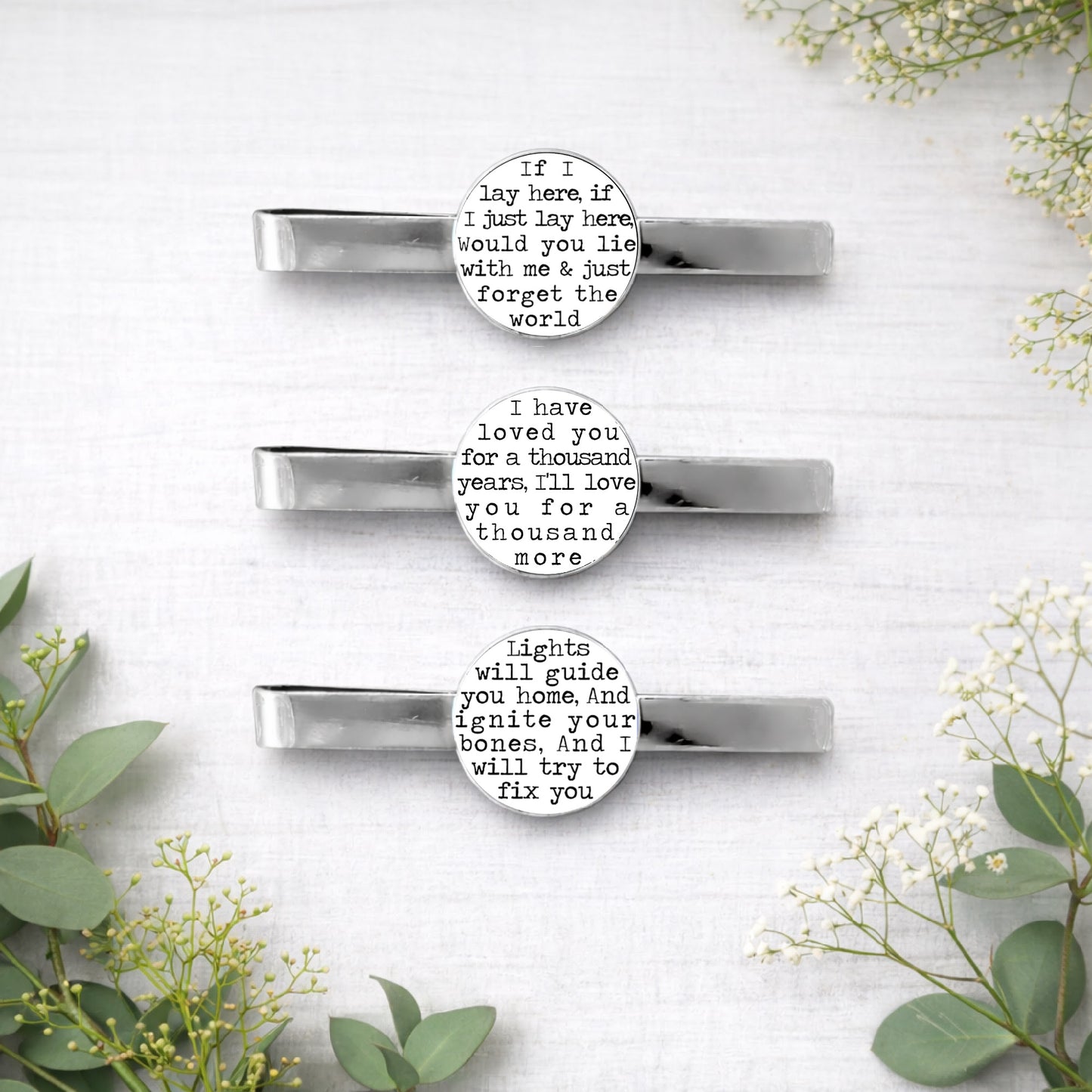 Personalised song lyrics tie bars featuring meaningful music text for wedding groomsmen