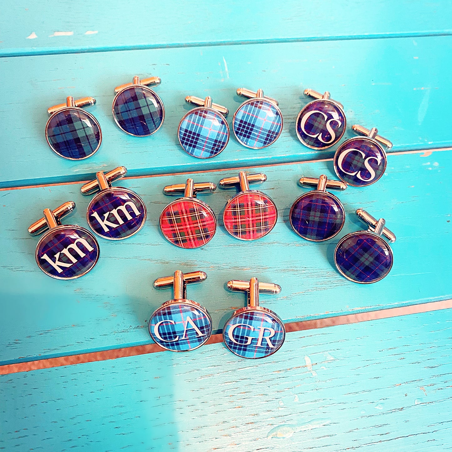 Personalised clan tartan cufflinks with initials, custom Scottish wedding groomsmen gift