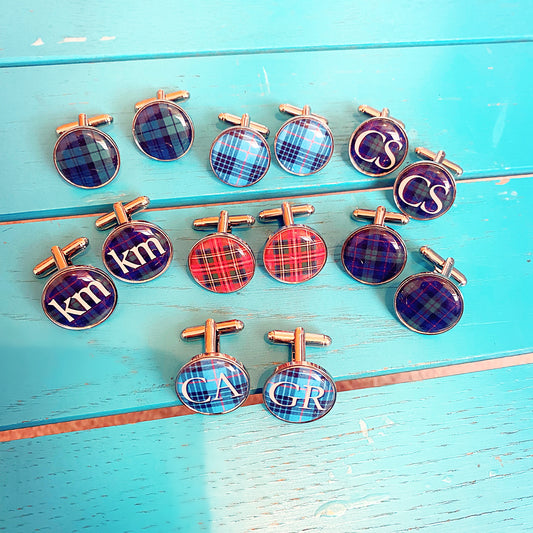 Personalised clan tartan cufflinks with initials, custom Scottish wedding groomsmen gift