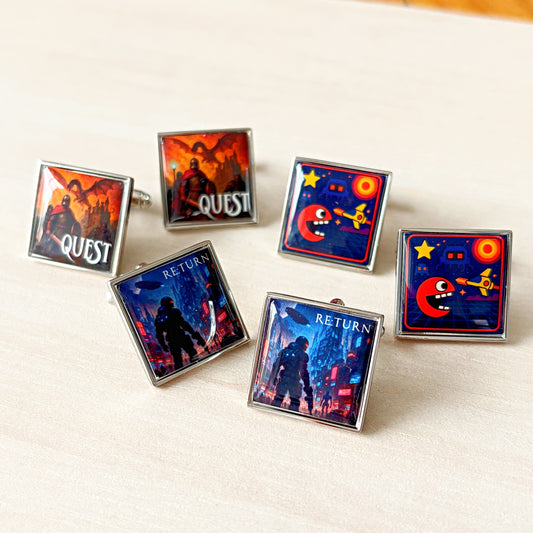 Personalised video game cufflinks with custom gamer artwork, unique wedding groomsmen gift