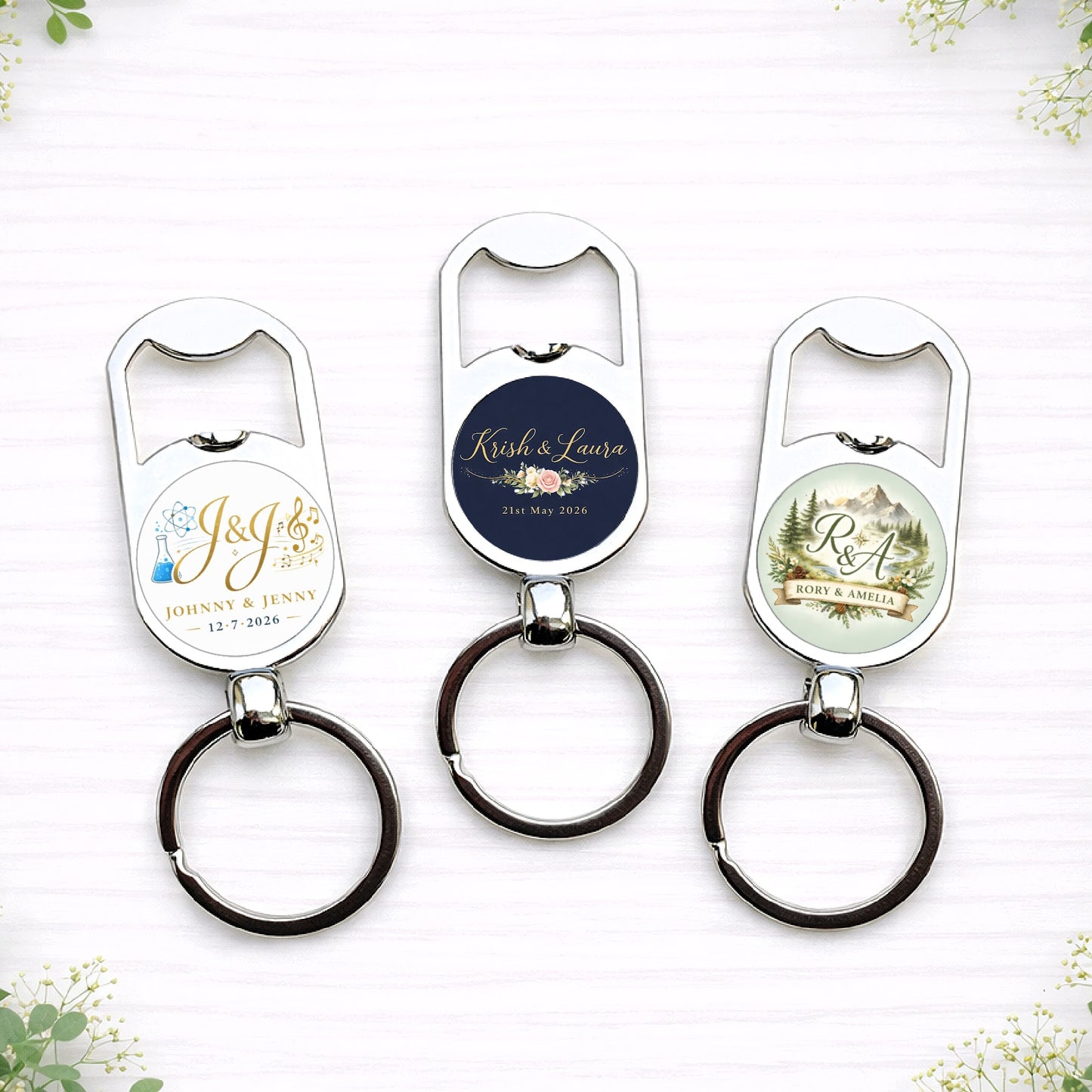 Personalised wedding logo bottle opener keyrings featuring custom monogram and illustrated wedding logo designs.