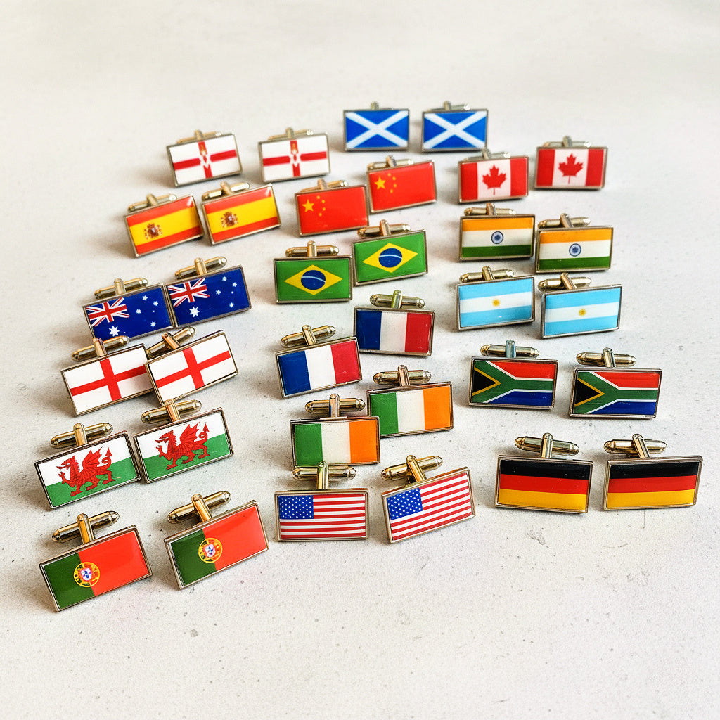 Custom personalised flag cufflinks featuring international and heritage flags, wedding groomsmen gift