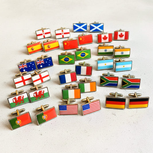 Custom personalised flag cufflinks featuring international and heritage flags, wedding groomsmen gift