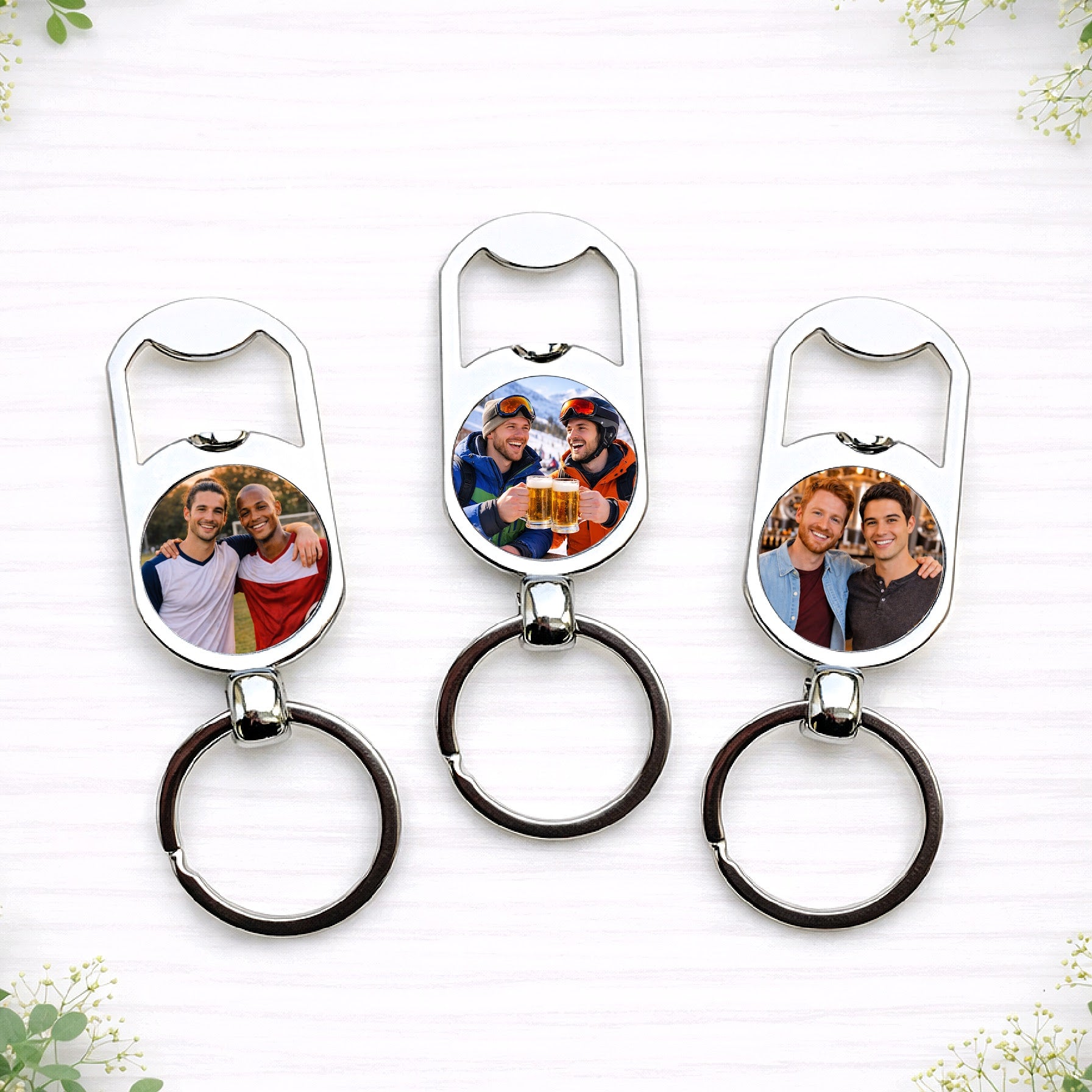 Personalised photo bottle opener keyrings featuring images of male friends, ideal as groomsmen and best man wedding party gifts.