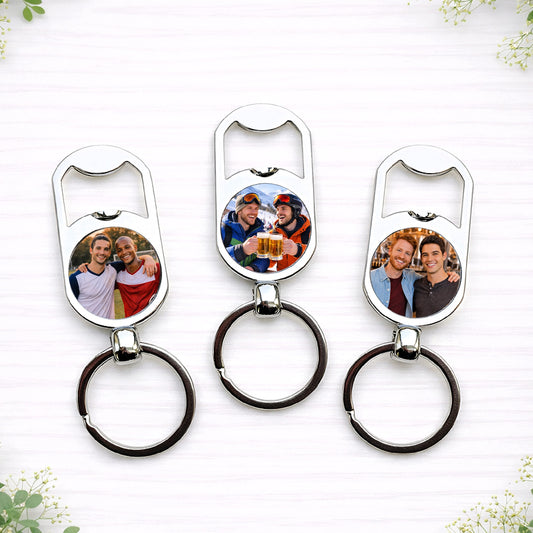 Personalised photo bottle opener keyrings featuring images of male friends, ideal as groomsmen and best man wedding party gifts.