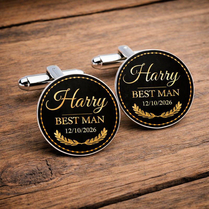 Personalised Best Man cufflinks in black and gold with name and wedding date