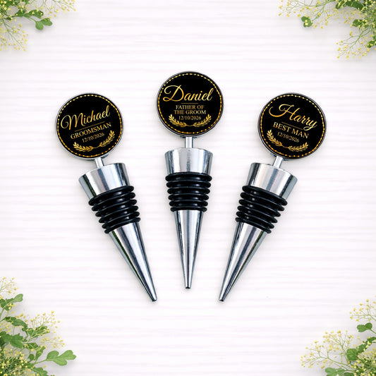 Personalised black and gold wedding role bottle stoppers for best man and groomsmen gifts