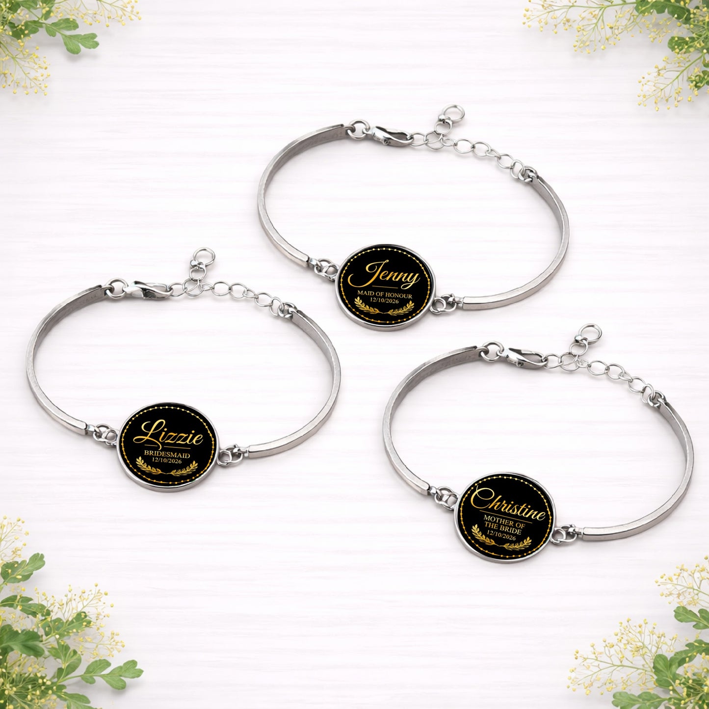 Personalised black and gold bridal party bracelets featuring names and wedding roles for bridesmaid, maid of honour and mother of the bride.