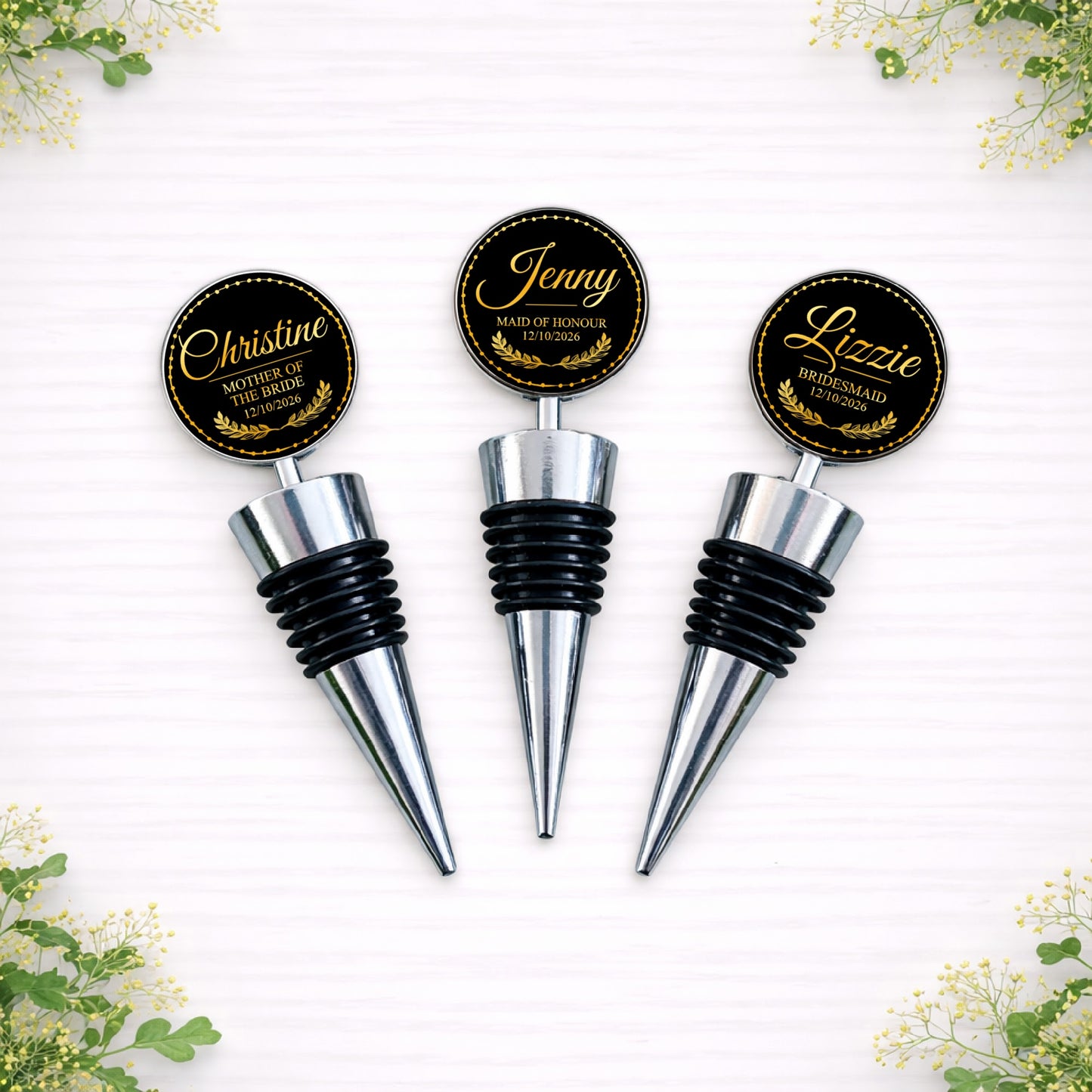 Personalised black and gold seal wedding role bottle stoppers for bridesmaid and bridal party gifts
