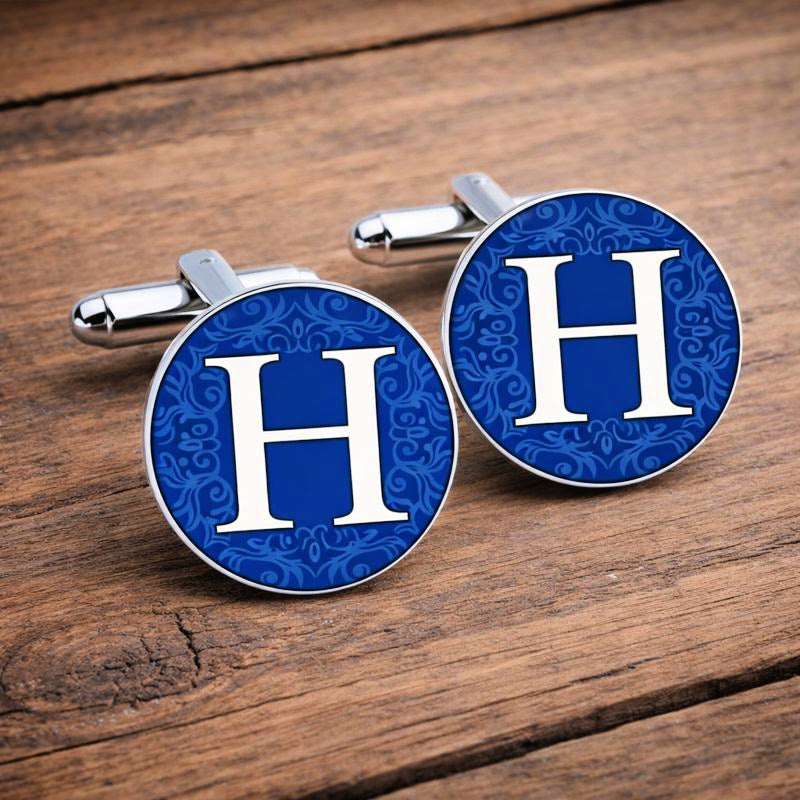 Royal blue monogram cufflinks personalised for wedding party