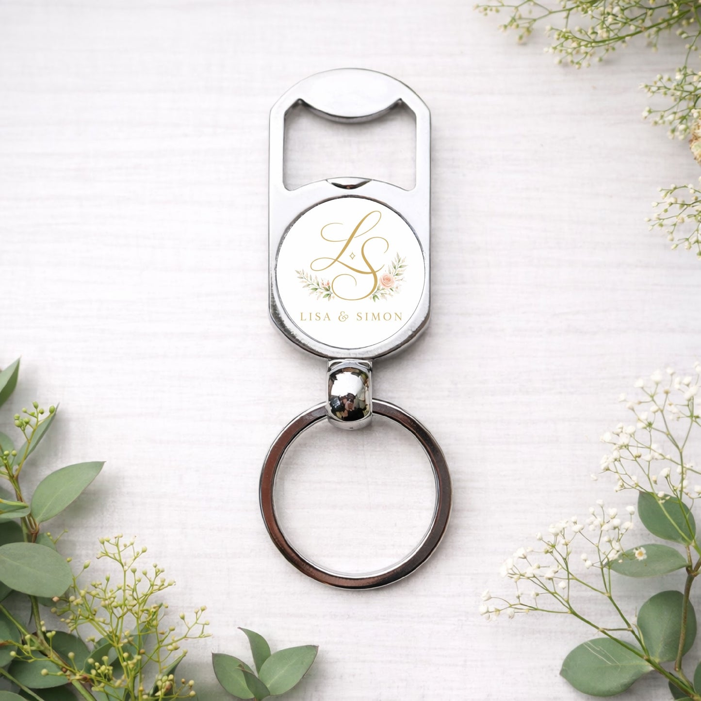 Personalised Wedding Logo Bottle Opener Keyring – Custom Wedding Favour Gift for Bridesmaids, Groomsmen & Guests