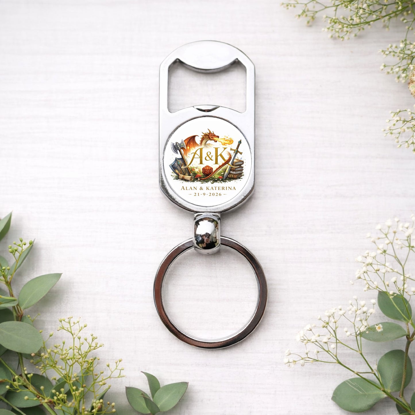 Personalised Wedding Logo Bottle Opener Keyring – Custom Wedding Favour Gift for Bridesmaids, Groomsmen & Guests