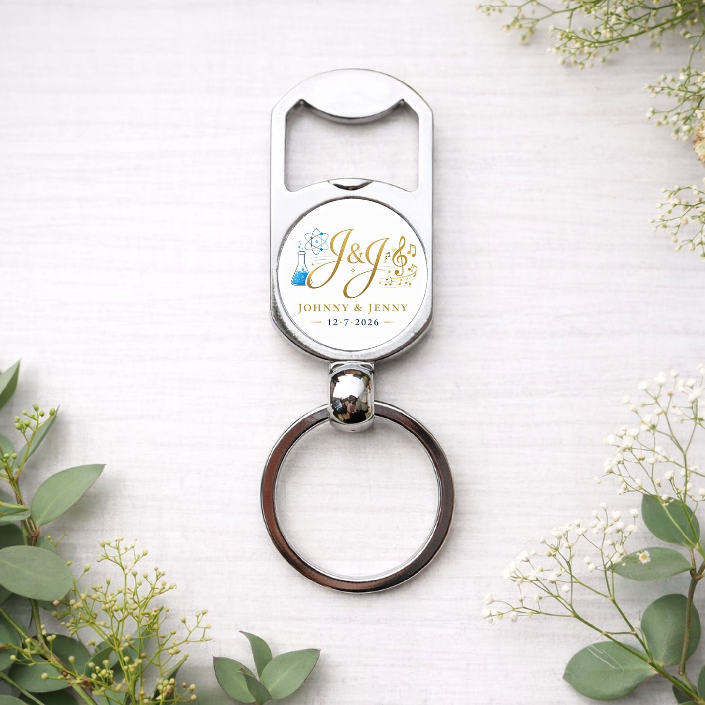 Personalised Wedding Logo Bottle Opener Keyring – Custom Wedding Favour Gift for Bridesmaids, Groomsmen & Guests