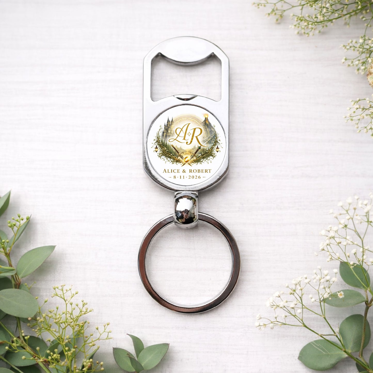 Personalised Wedding Logo Bottle Opener Keyring – Custom Wedding Favour Gift for Bridesmaids, Groomsmen & Guests