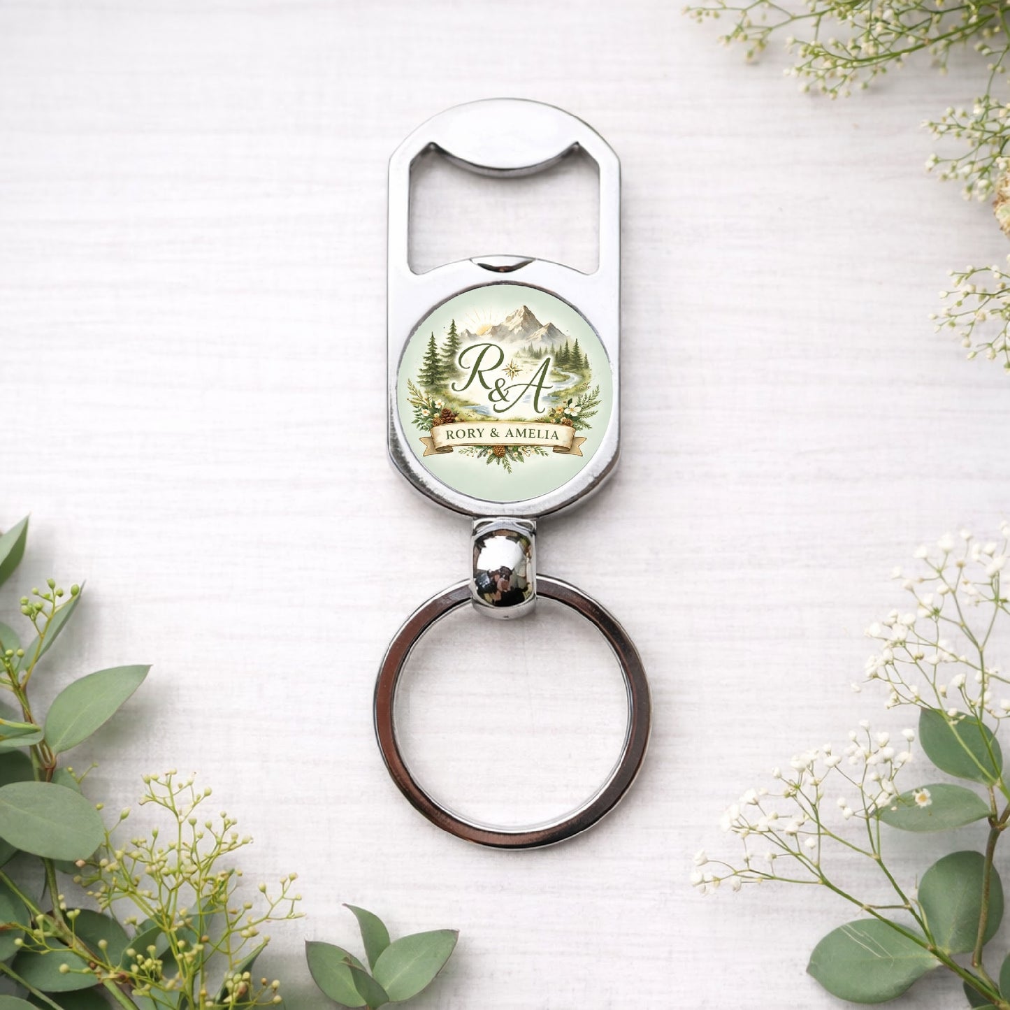 Personalised Wedding Logo Bottle Opener Keyring – Custom Wedding Favour Gift for Bridesmaids, Groomsmen & Guests
