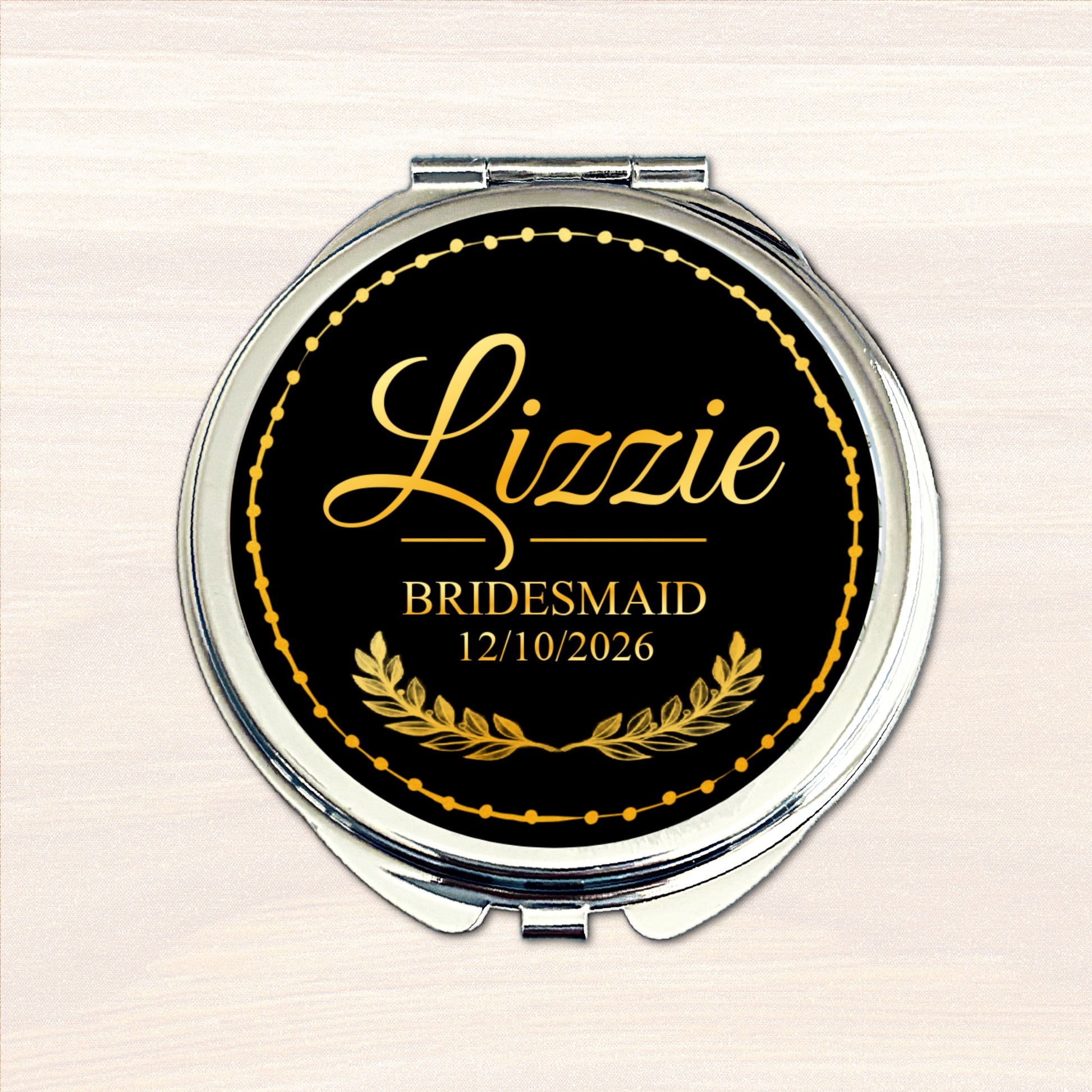 Personalised bridesmaid compact mirror with black and gold wedding design
